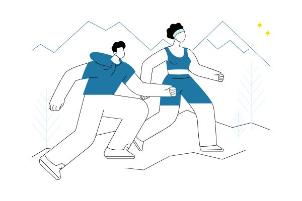 Two people exploring outdoors with hills behind