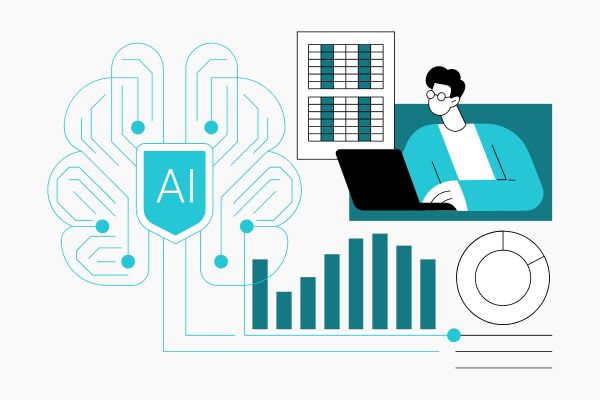 A man sat with a laptop next to a large AI icon and learning How to Optimize Content for AI Search Engines