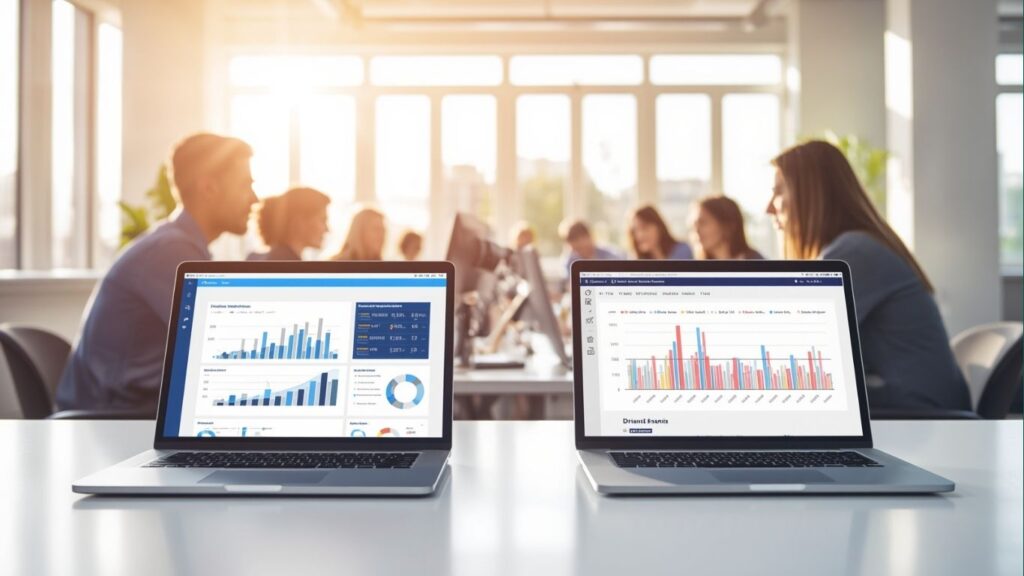 a busy modern office with two laptops open with charts suggesting a AB Tasty alternative